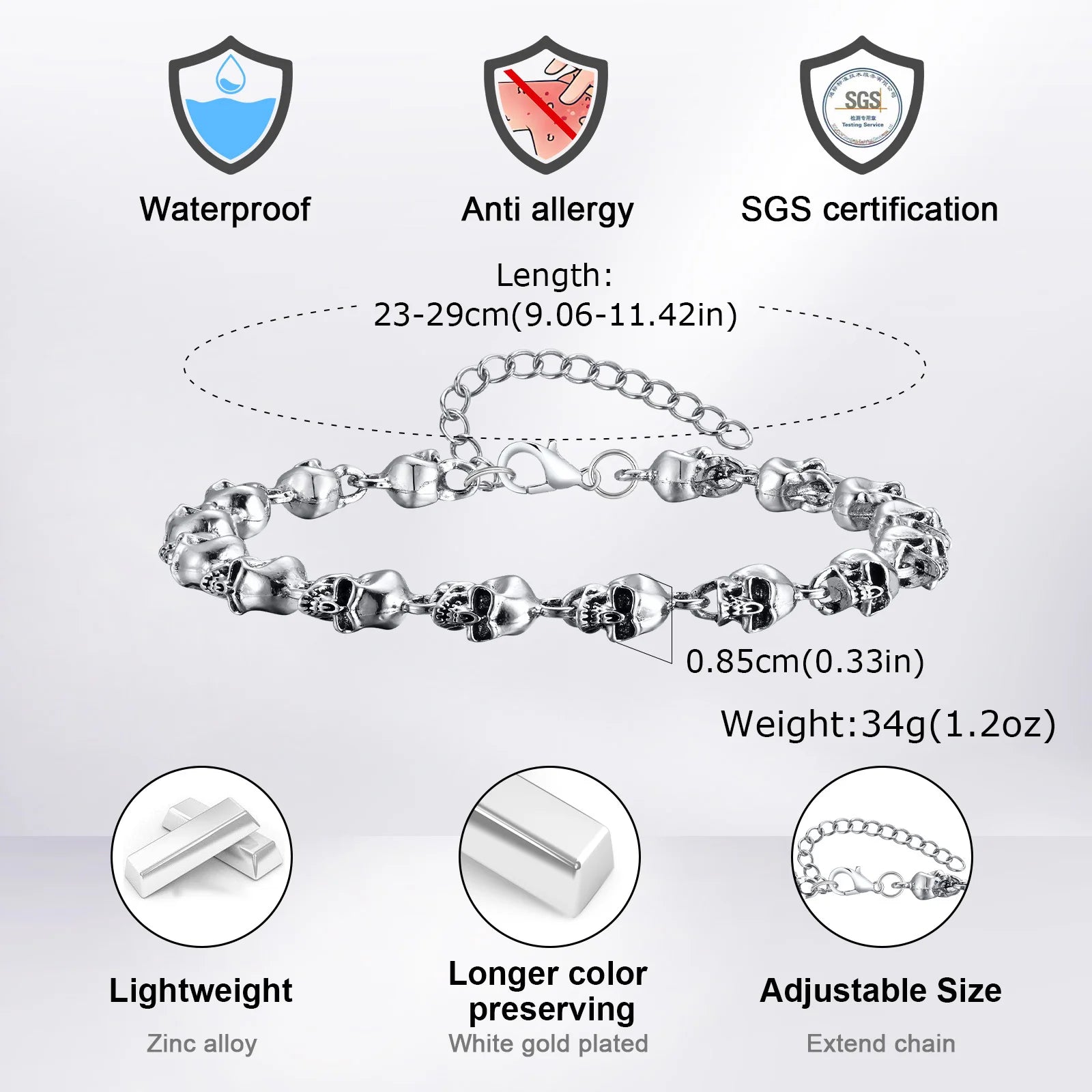 Gothic Full Skull Ghost Head Bracelet for Men,Rock Punk Motorcycle Riding Bicycle Chain Wristband,Halloween Jewelry