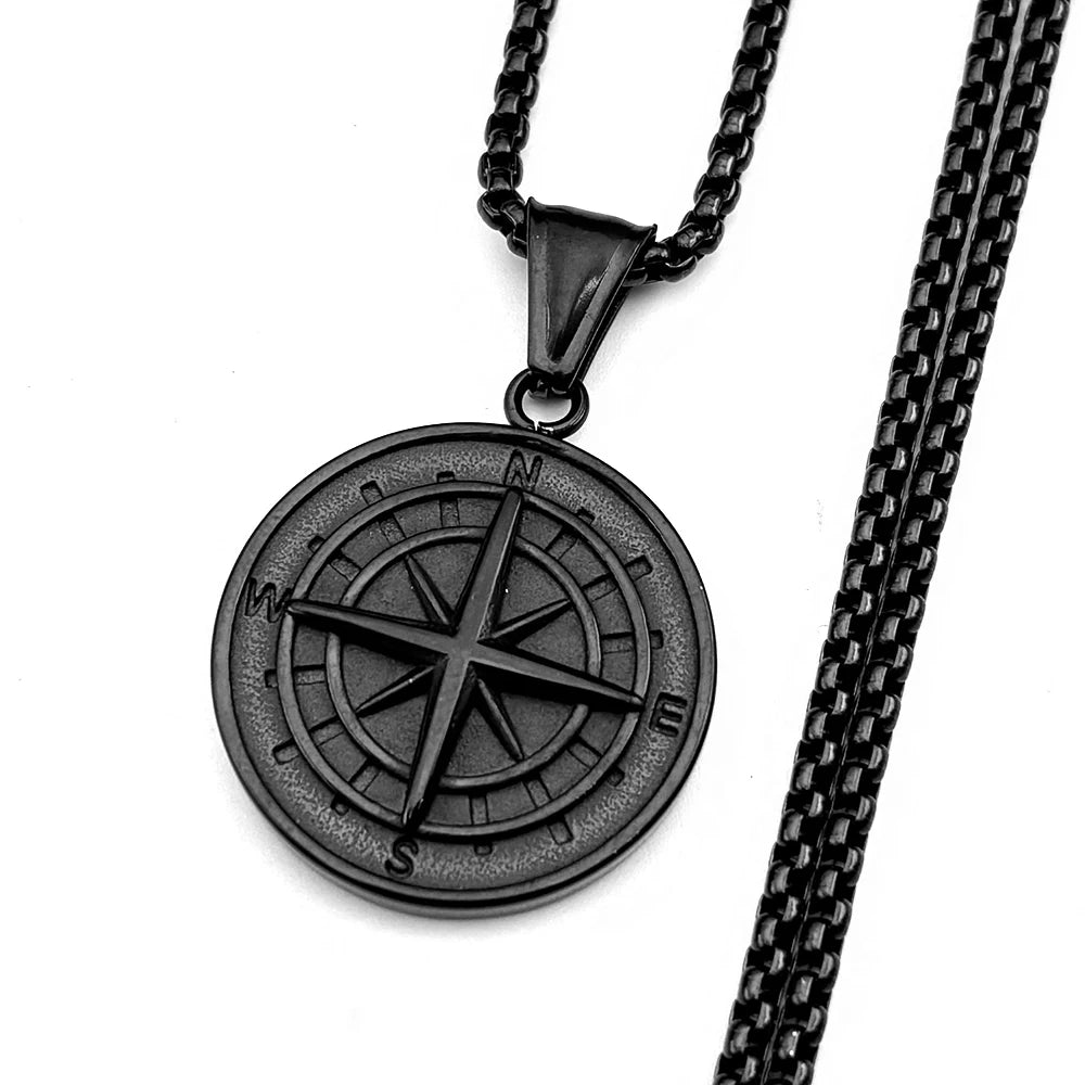 Compass Round Pendant Necklace Silver Color Stainless Steel Travel Adventure Gift Men Daily Street Casual Wear Chain Jewelry