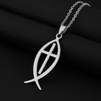 Ichthys Jesus Fish Cross Pendant Necklace — Stainless Steel