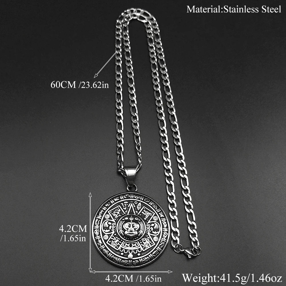Vintage Mayan Symbol Pendant Necklace For Men Women Stainless Steel Black Ethnic Style Faith Amulet Chain Jewelry