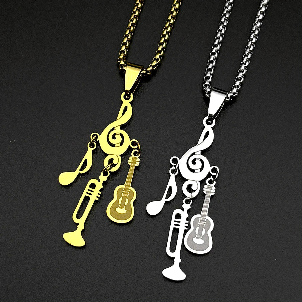 Treble Clef Pendant Necklace For Musicians Music Note Guitar Trumpet Charms Stainless Steel Chain Rock Hiphop Jewelry