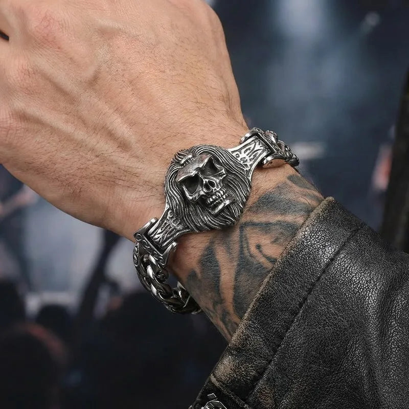 Massive Vintage Skull Wolf Head Cuff Man Bracelet for Men Gothic Punk Stainless Steel Bangle Heavy Metal Jewelry