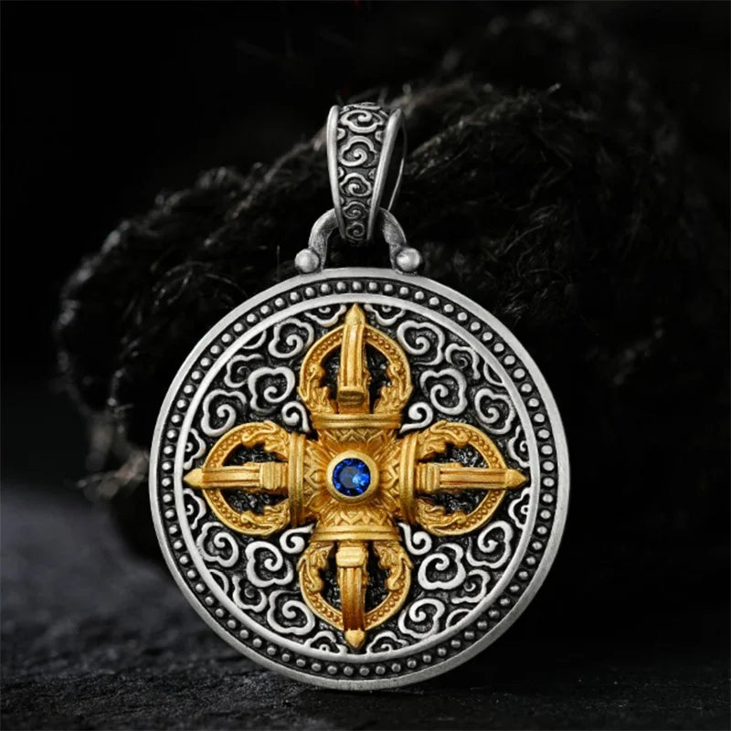 Vintage Gold Vajra Pestle Necklace For Men Jewelry Blessing The Six Character Great Bright Mantra Safety Buckle Pendant Male
