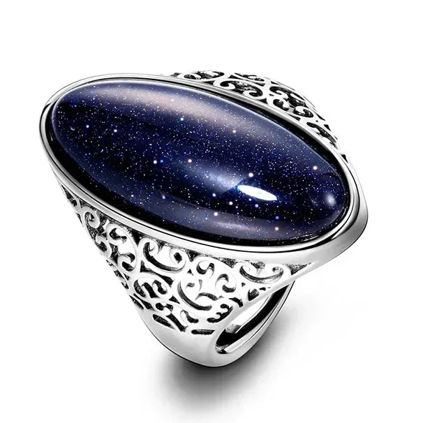 Retro Silver Ring Jewelry Vintage Blue Sandstone Large Stone Luxury Elegant Ring Fine Gift Rings for Women Men