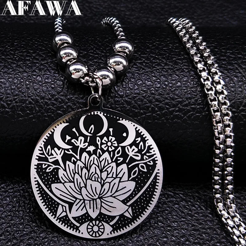 Wicca Lotus Stainless Steel Necklaces Pendants for Men Black Silver Color Moon Eye Long Chain Necklace Jewelry Colgante Hombre