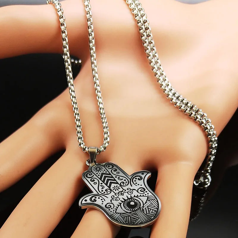 Hamsa Hand of Fatima Stainless Steel Necklaces Men Fatima´s Hand Turkish Eye Necklaces Pendants Jewelry collier homme
