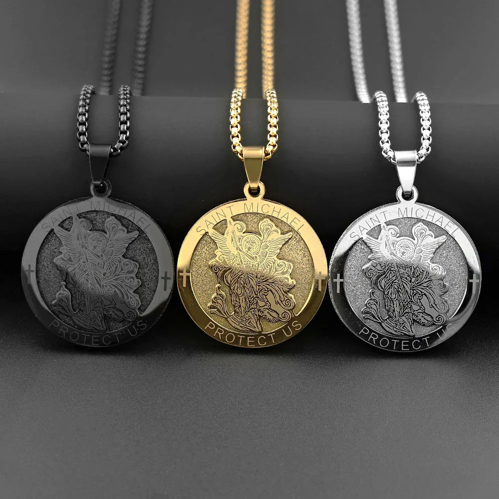 Archangel St.Michael Protect Us Cross Medal Pendant Necklace Stainless Steel Christian Saint Michael Chain Amulet Jewelry Gift