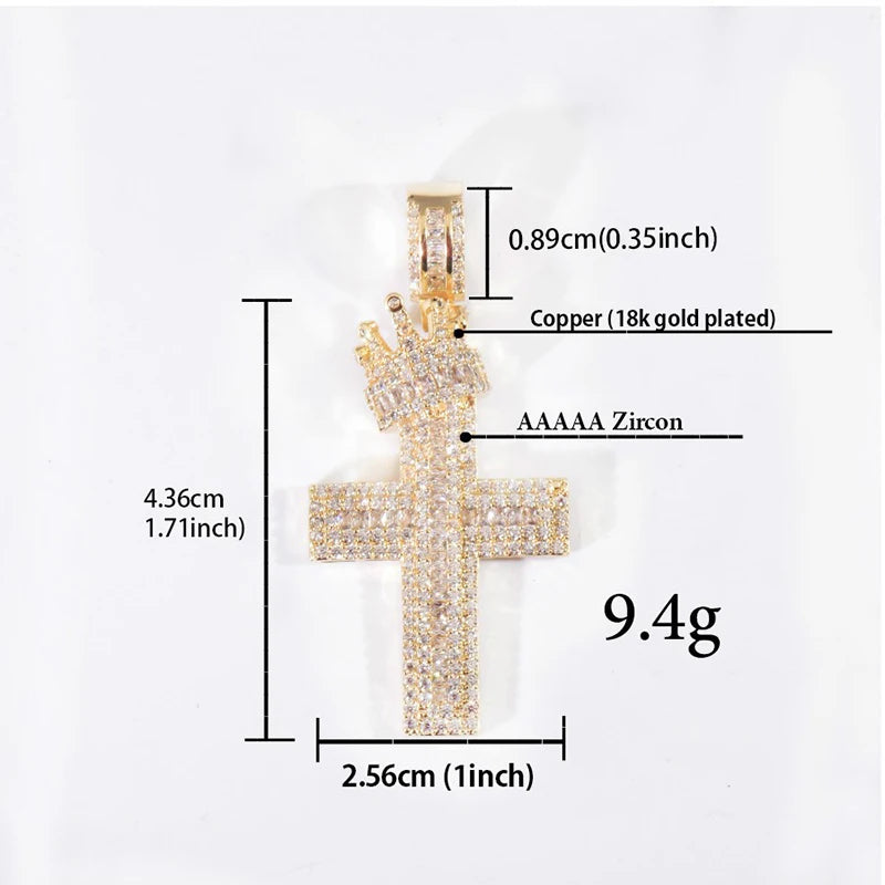 Hip Hop 3A+ CZ Stone Paved Bling Iced Out Crown Cross Charm Pendants Necklace for Men Rapper Jewelry Gold Silver Color