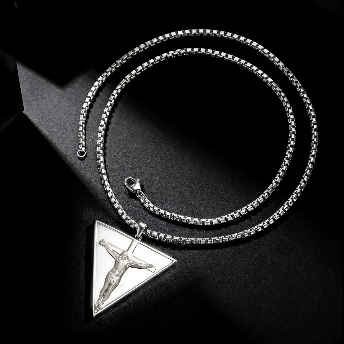 Catholic Jesus Cross Triangle Pendant Necklace — Stainless Steel
