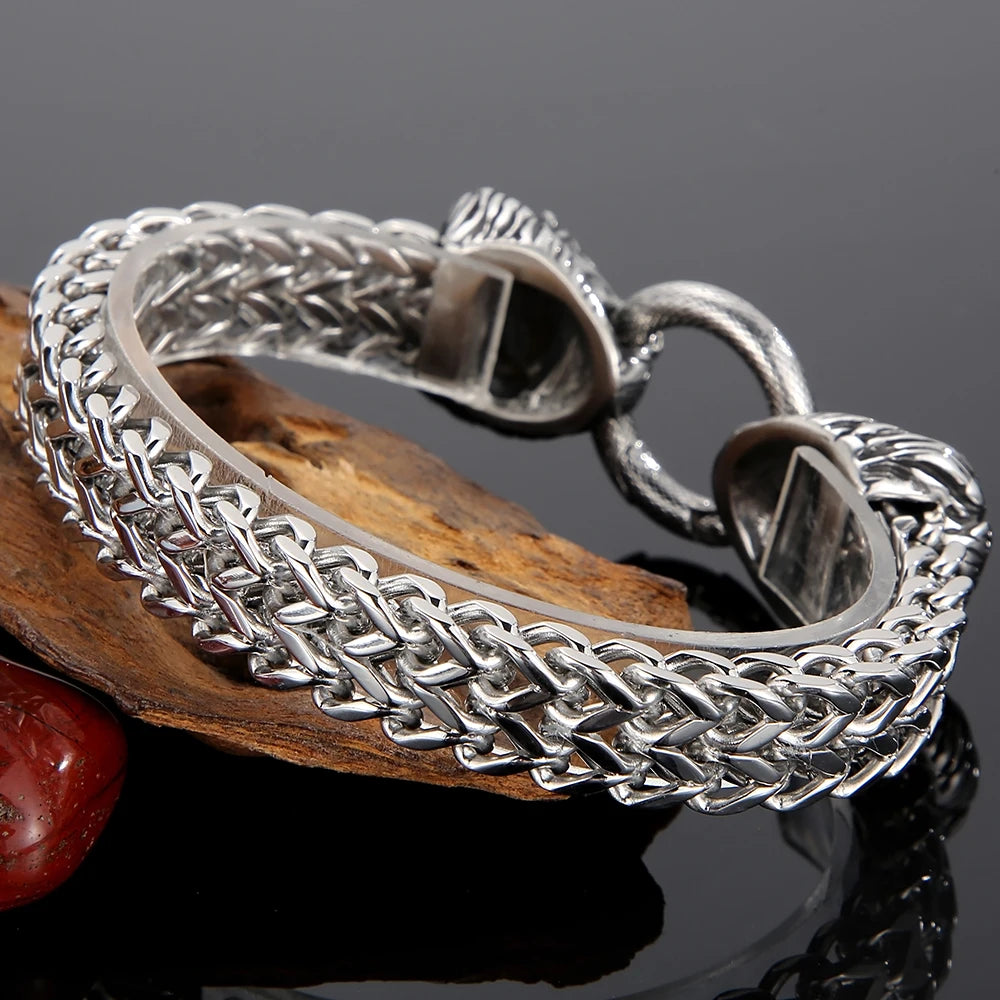 Lion Head With Square Franco Link Chain Bracelet for Man Stainless Steel Men's Bracelets Masculine Jewelry Birthday