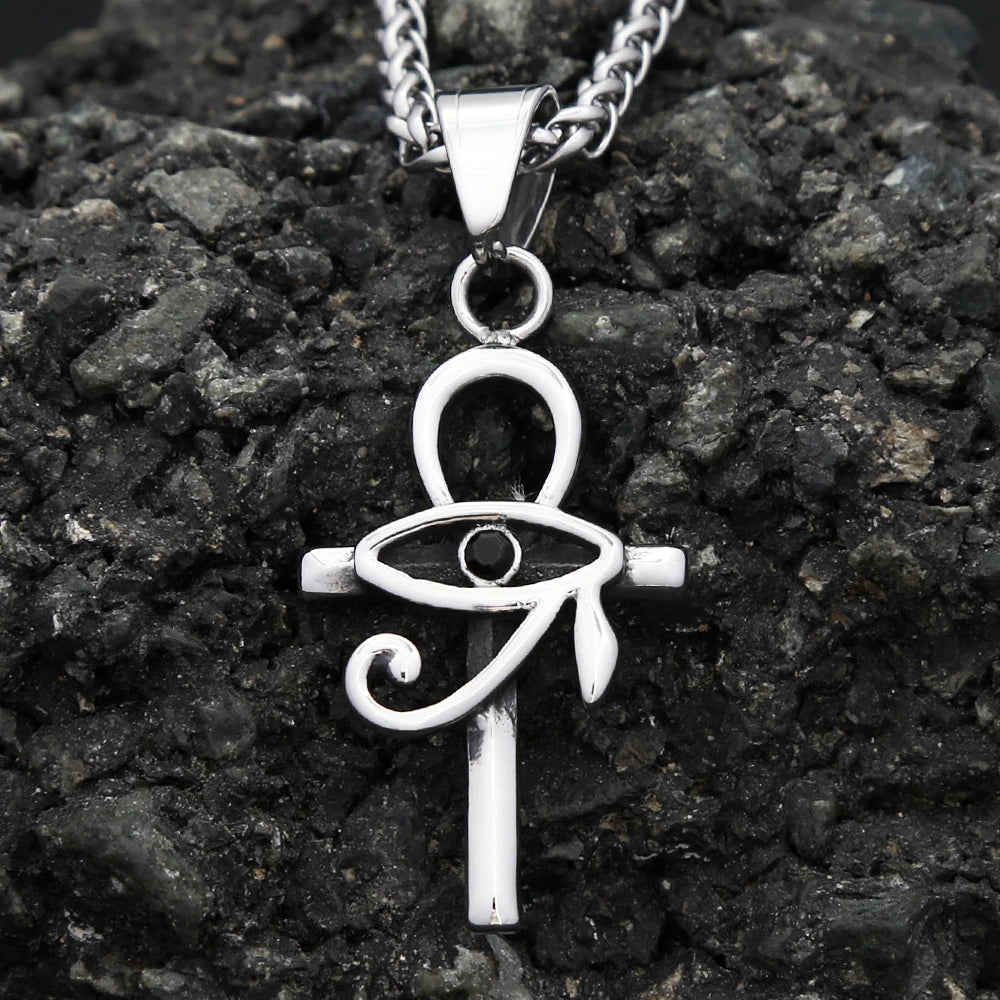 Vintage Stainless Steel Eye of Horus Pendant Necklace Fashion Punk Ankh Cross Necklaces For Men Women Amulet Jewelry