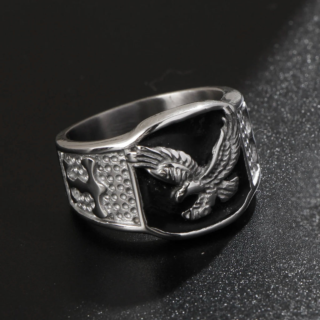 Black Enamel Eagle Signet Ring Closed Band — Stainless Steel