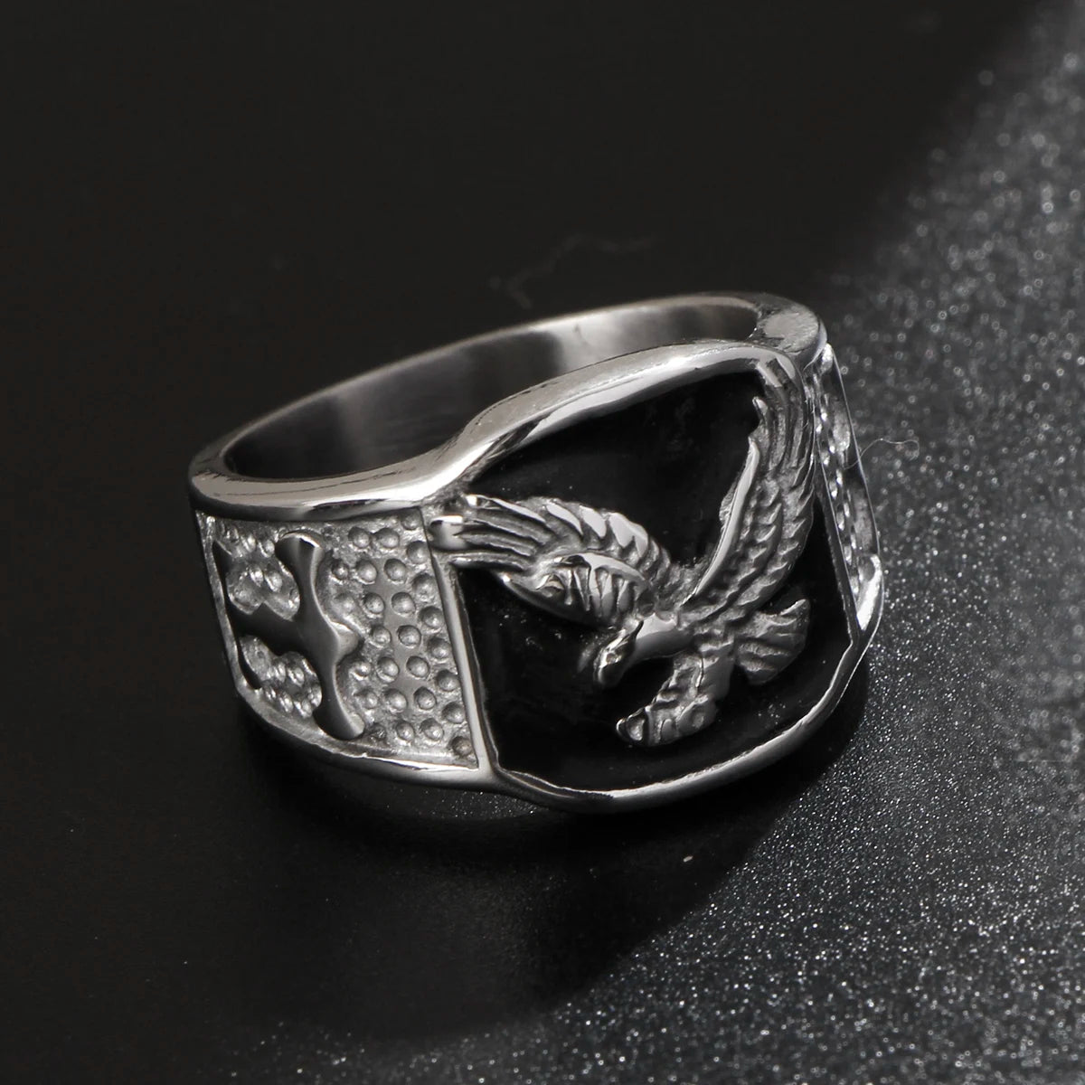 Black Enamel Eagle Signet Ring Closed Band — Stainless Steel