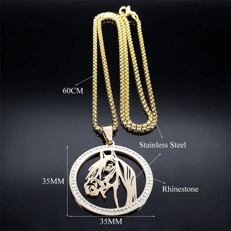 Horses Head Pendant Necklace for Men Women Stainless Steel Crystal Animal Chain Horse Accessories Jewelry Colar