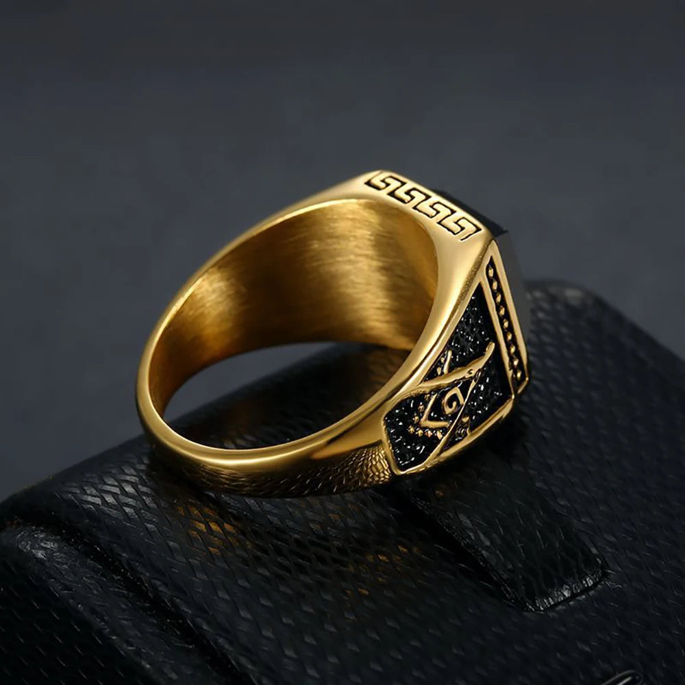 Vintage Black Square Rings For Men Women 316L Stainless Steel Gothic Fashion Masonic Letter G Ring Biker Jewelry Accessories