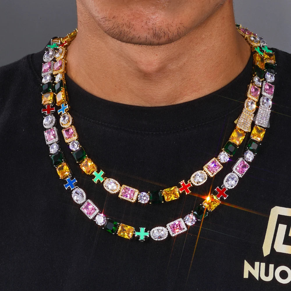 Iced Out Gemstone Necklace Stainless Steel Multi