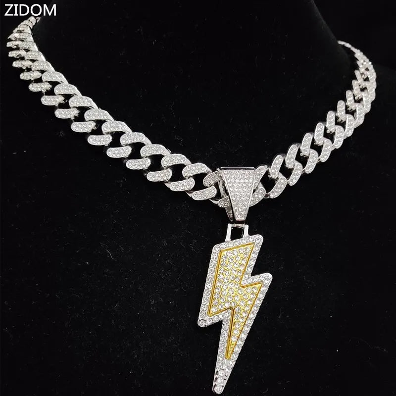 Men Women Hip Hop Lightning Pendant Necklace with 13mm Crystal Cuban Chain HipHop Iced Out Bling Necklaces Fashion Charm Jewelry