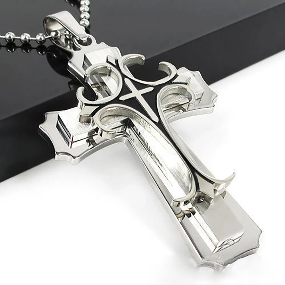 Necklace For Men 2024 New Titanium Steel Three-layer Cross Pendant Ball Chain Fresh Sweet Fashion Necklace