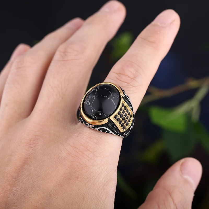 Vintage Gothic Style Black Stone Ring 316L Stainless Steel Craved Ring Men and Women Fashion Biker Jewelry Gift