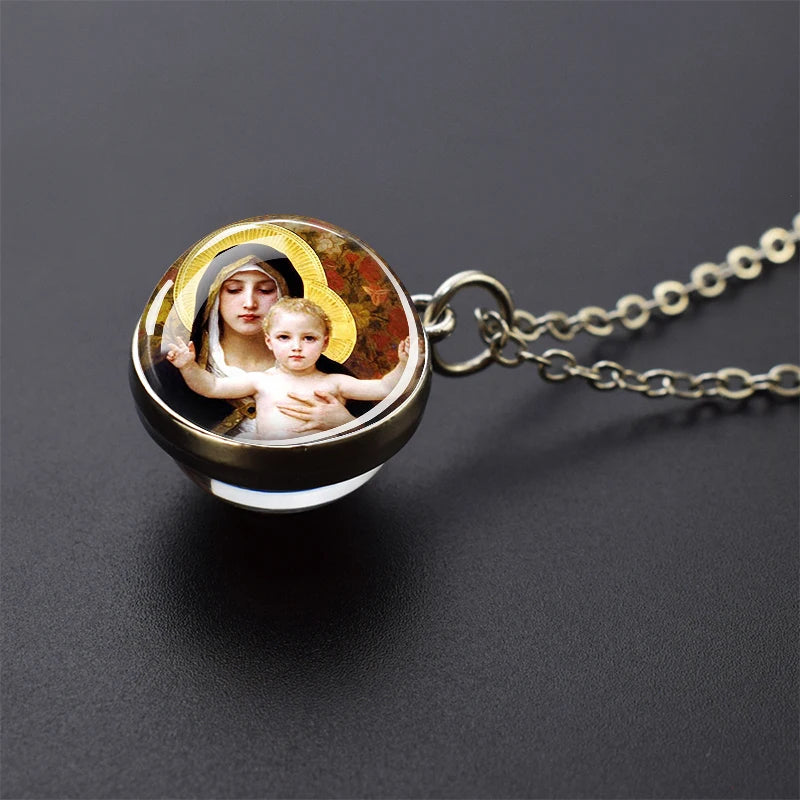 Jesus and Virgin Mary Necklace Saint Michael Jude Anthony Patrick Paul Glass Ball Pendant Religious Jewelry Christian Gift