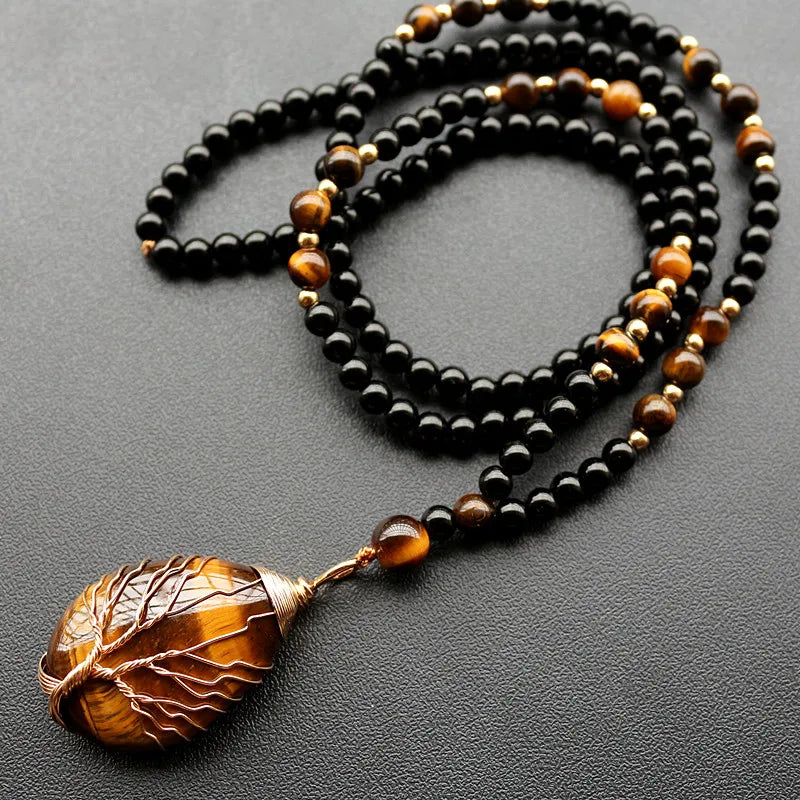 Natural Tiger Eye Tree of Life Pendant Necklace — Mixed Metal