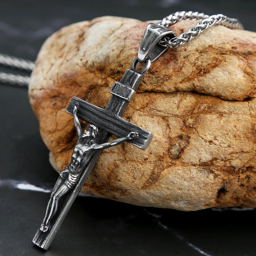 Vintage 316L Stainless Steel Jesus Cross Pendant Necklace Cross Orthodox Necklace Chain For Men Women Biker Amulet