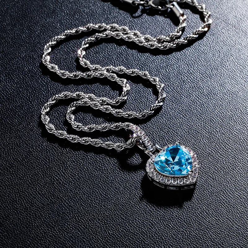 Iced Out Heart Pendant Necklace Stainless Steel CZ