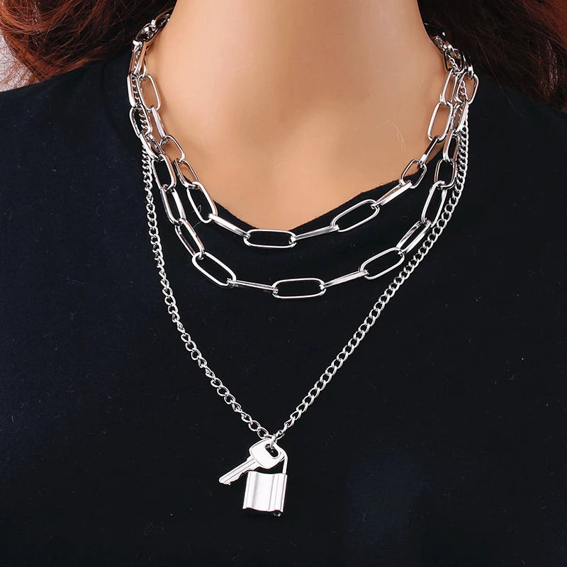 Fashion Chain Link Choker Heart Lock Cross Necklace Pendant For Women Men Silver Color Goth Jewelry Party Punk Long Necklaces