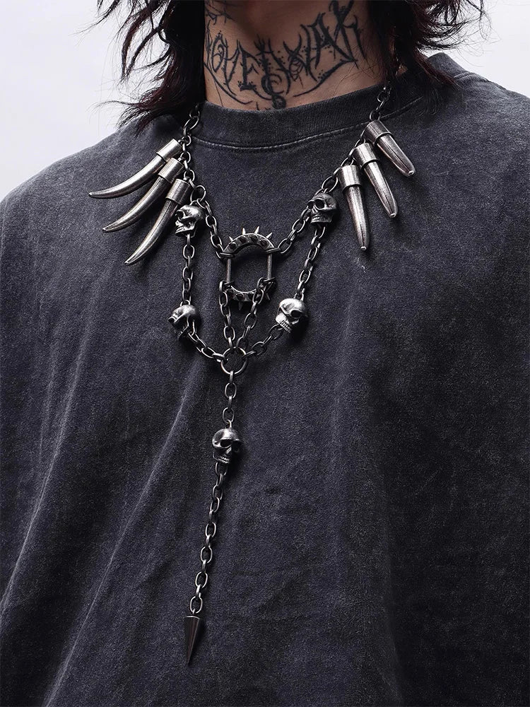 Studded Skull Pendant Necklace — Stainless Steel