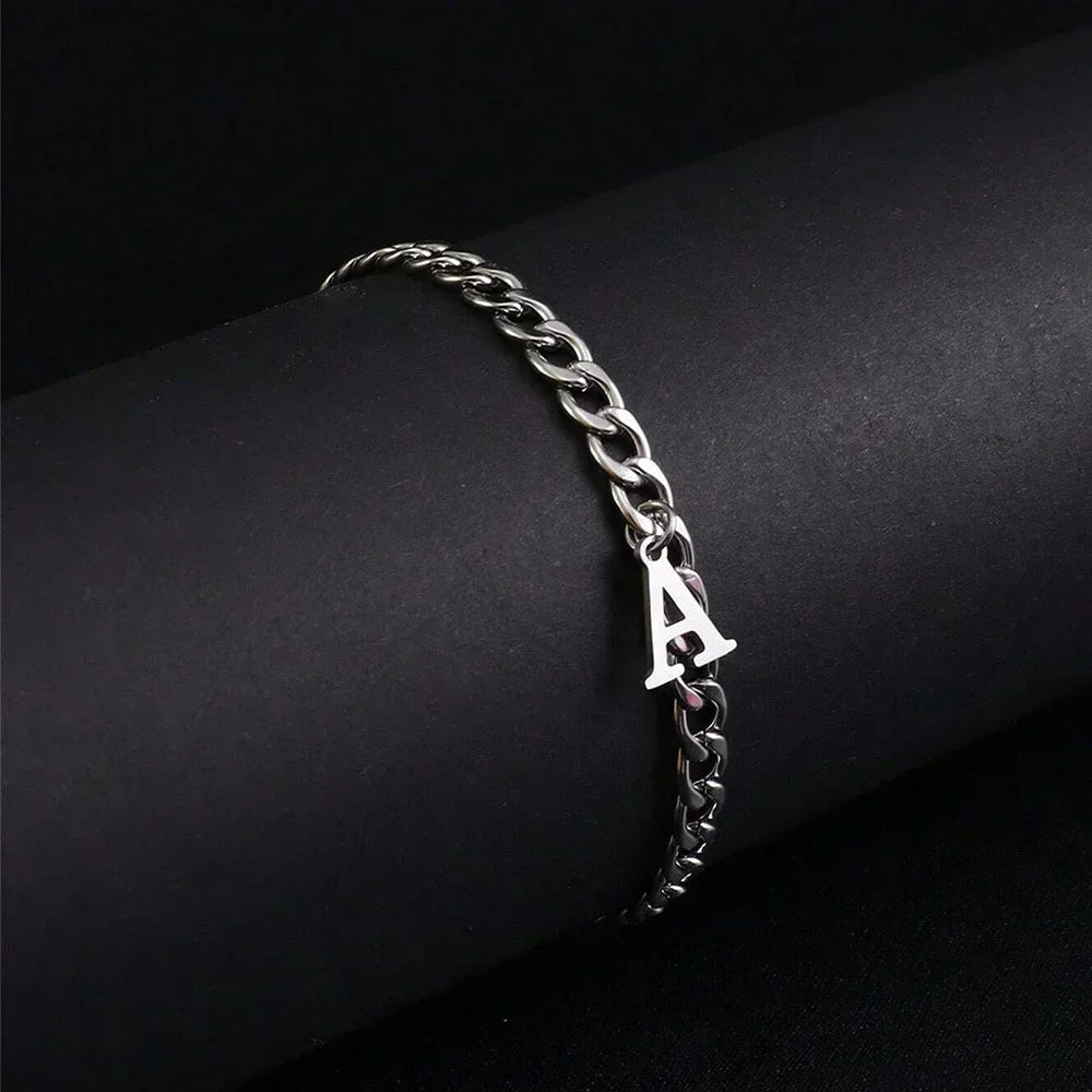 A-Z Initial Letter Cuban Chain Bracelet — Stainless Steel