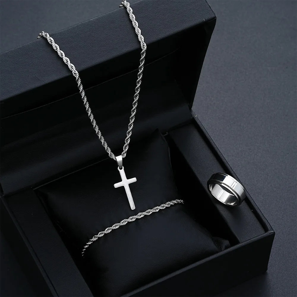 Smooth Cross Pendant Necklace Bracelet Ring Set — Stainless Steel
