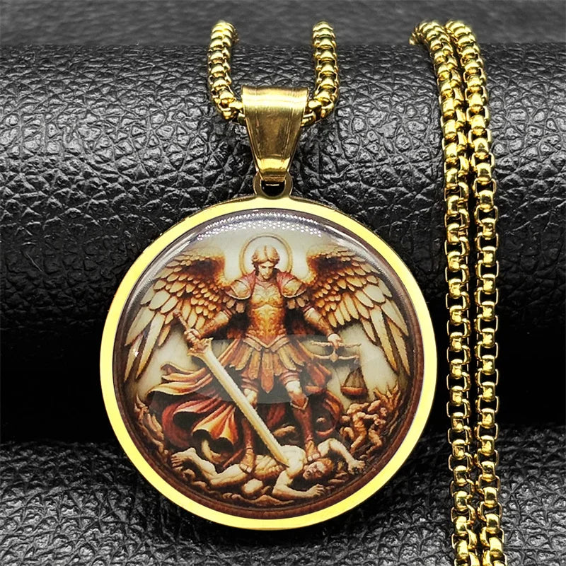 Seal of Seven Archangels Medal Stainless Steel Glass Necklace Seal of Solomon Talisman Necklace Protection Jewelry