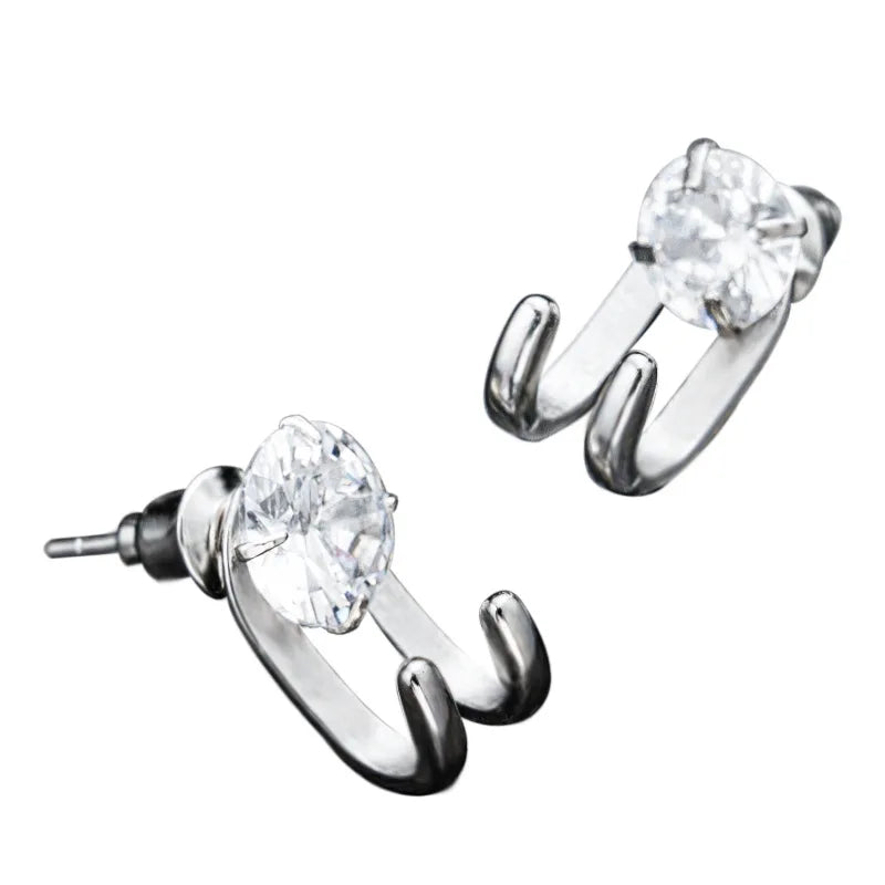 Double Claw Hook Stud Earrings with CZ Crystal for Men & Women