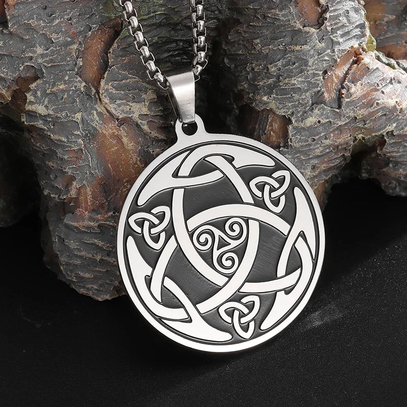 Stainless Steel Trinity Celtic Knot Nordic Rune Pendant Necklace Retro Ethnic Style Irish Knot Lucky Amulet Jewelry for Men