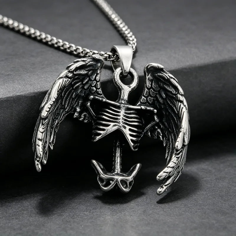 KALEN Vintage Gothic Fallen Angel Pendant Necklace For Men Stainless Steel Death Grim Reaper Wing Totem Charm Fashion Jewelry