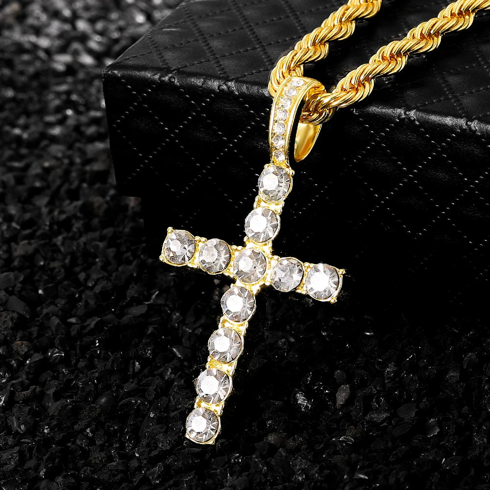 Men Hip Hop Cross Pendant Necklace with 4mm Zircon Tennis Chain Iced out Bling Chain Necklaces Punk Jewelry Fashion Women Gift