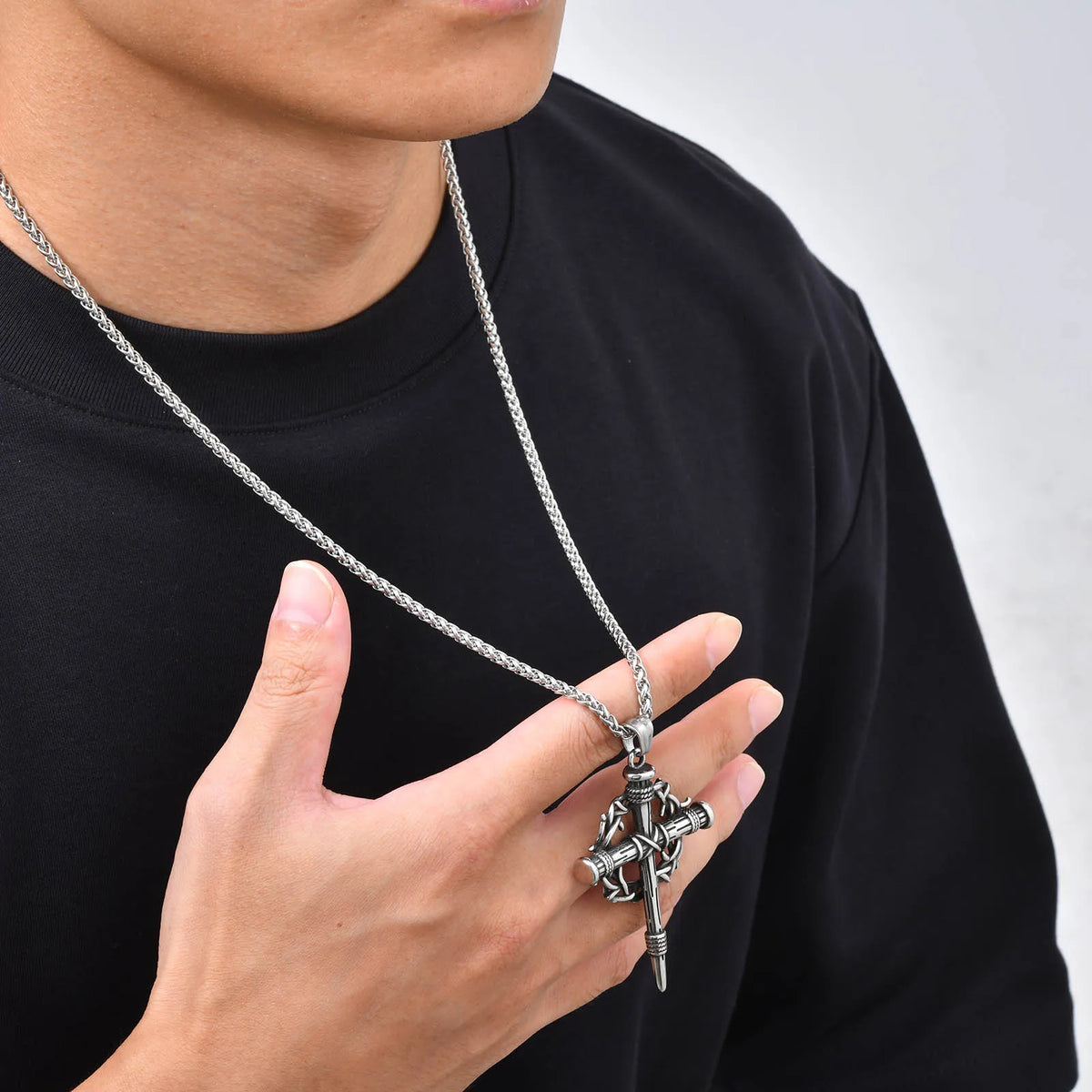 Thorn Crown Crucifix Necklace Franco Chain — Stainless Steel