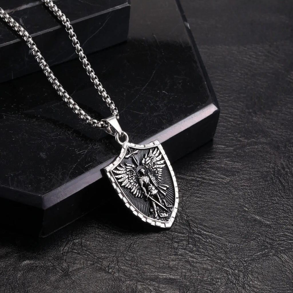 Vnox Archangel Saint Michael Shield Pendant Necklace Stainless Steel Vintage Protection Amulet Chain Jewelry Gifts for Men Women