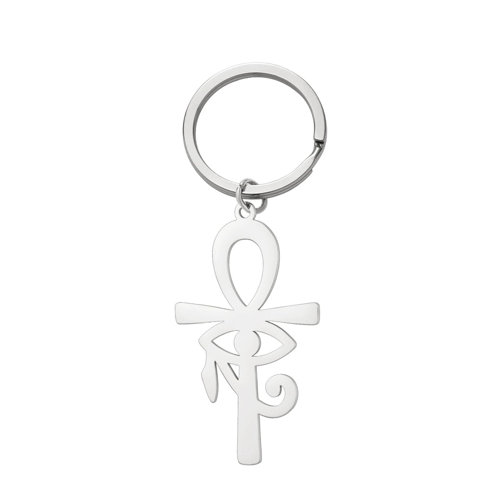 LIKGREAT Eye of Horus Keychain Ancient Egypt Ankh Cross Keyring for Women Men Stainless Steel Talisman Cross Jewelry