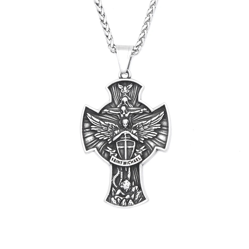Vintage Stainless Steel Saint Michael Cross Pendant Necklaces For Men Women Fashion Religious Amulet Jewelry Gifts