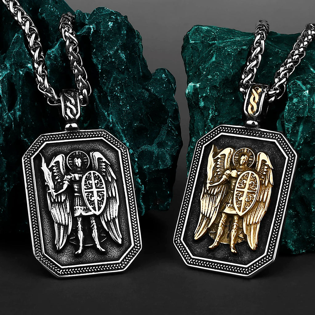Archangel Michael Cross Shield Prayer Tag Titanium Stainless Steel Pendant Men's Amulet Necklace Jewelry Gift