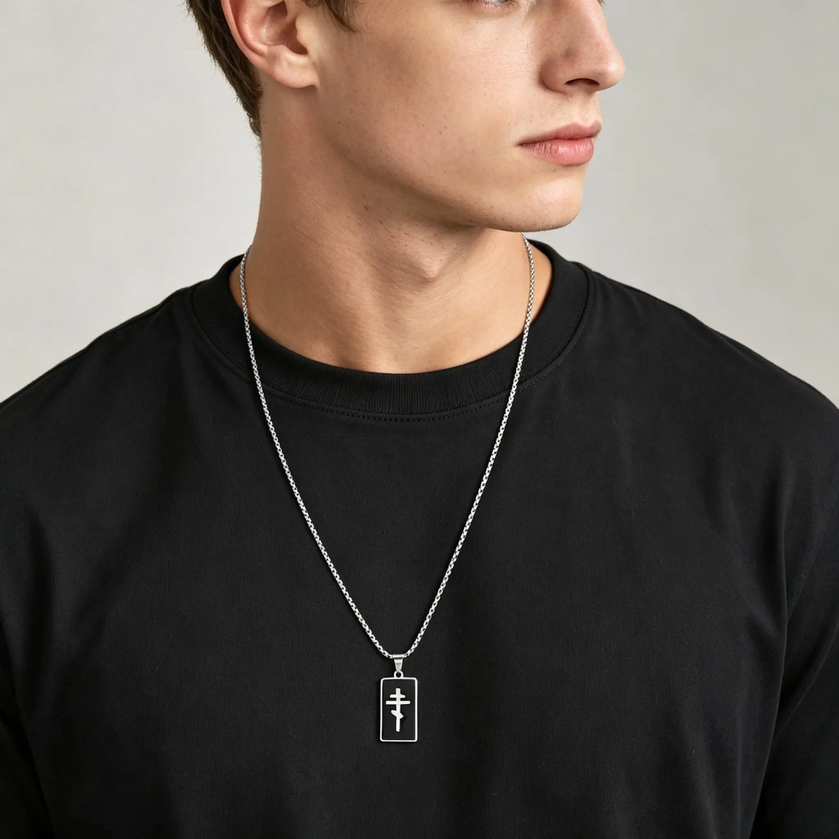 Orthodox Church Cross Necklace — Black Enamel, Stainless Steel