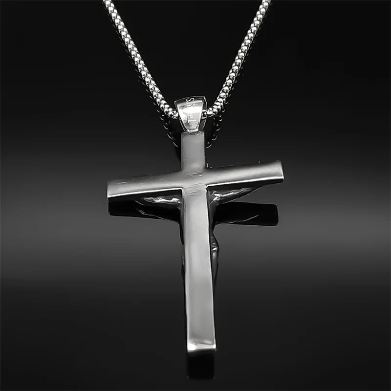 Stainless Steel Christian Jesus Cross Crucifix Pendants Necklaces for Men Women Silver Color Chain Necklaces Jewelry