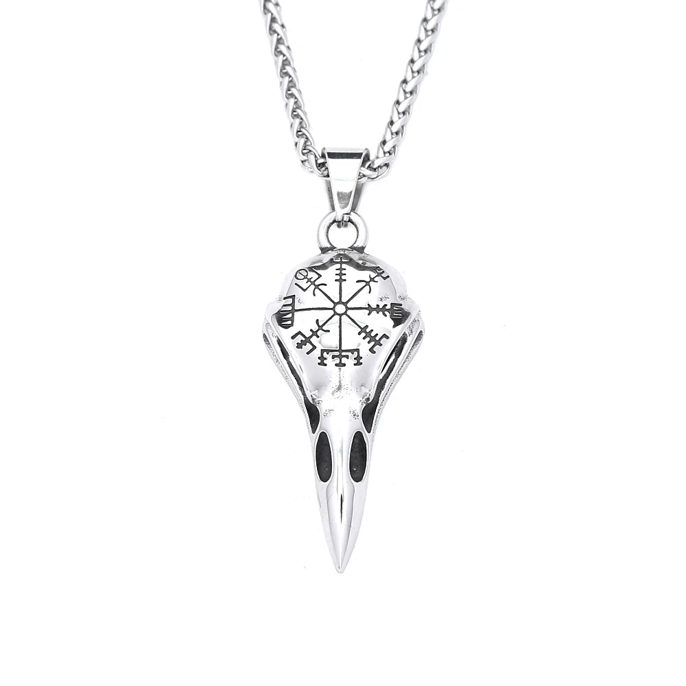 Vintage Fashion Vikings Compass Crow Head Pendant Necklace For Men Stainless Steel Nordic Animal Skull Necklaces Biker