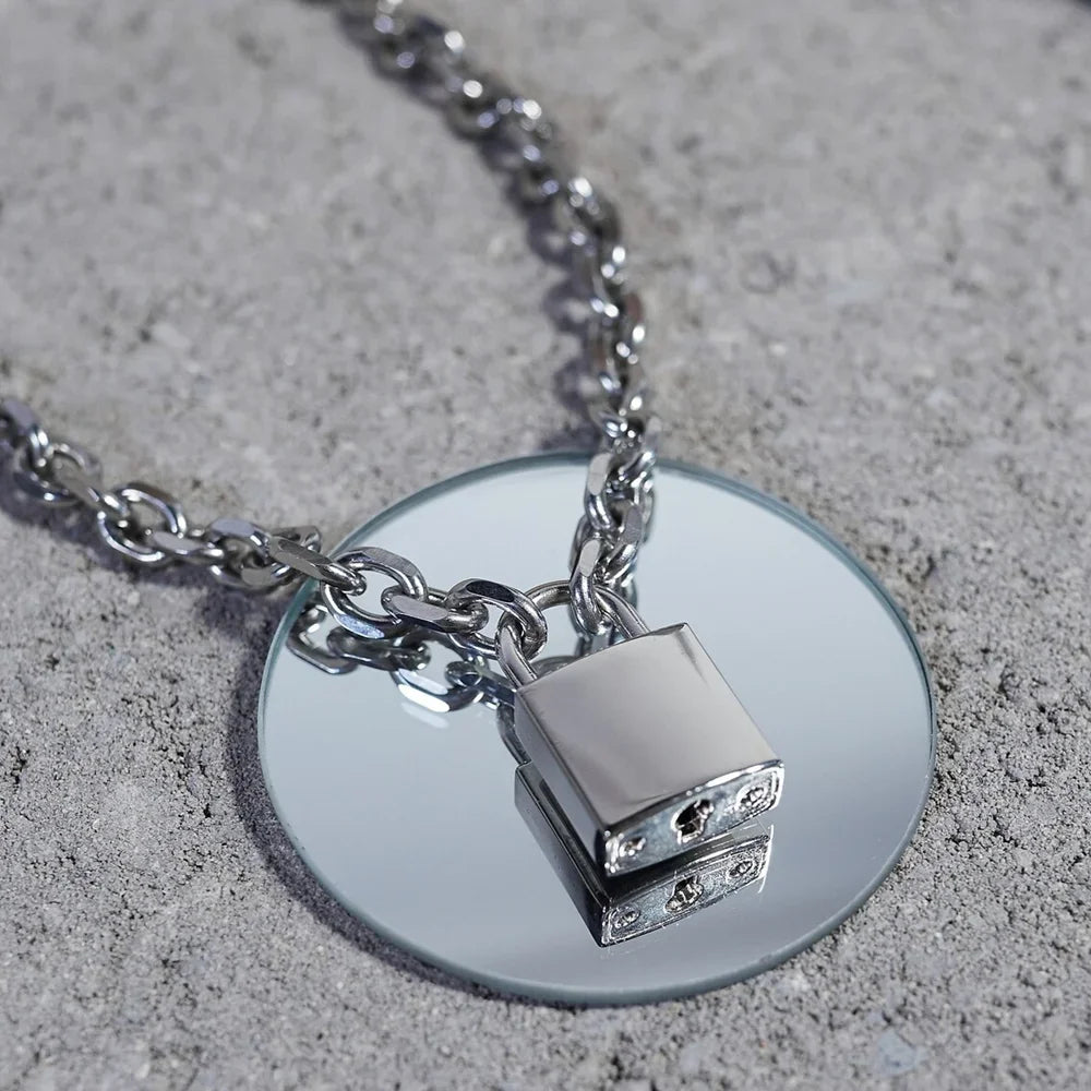 Punk Solid Stainless Steel Chain Oversized Padlock Necklace Women Mens Unisex Chunky Heavy Lock Key Necklace Handmade Jewelry