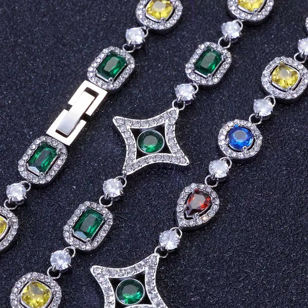 Black Iced Out Colorful Gemstone Chain Necklace