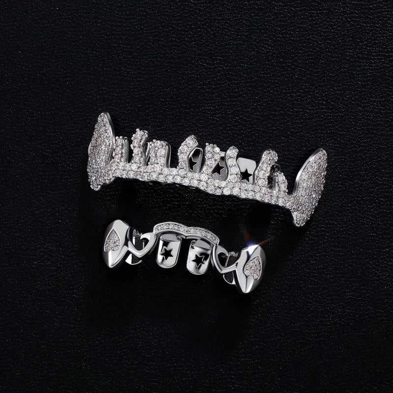 Edgy Trendy Irregular Hollow Star Fangs Teeth Grillz Hip Hop Rapper Street Fashion Halloween Party Wear Novelty Mouth
