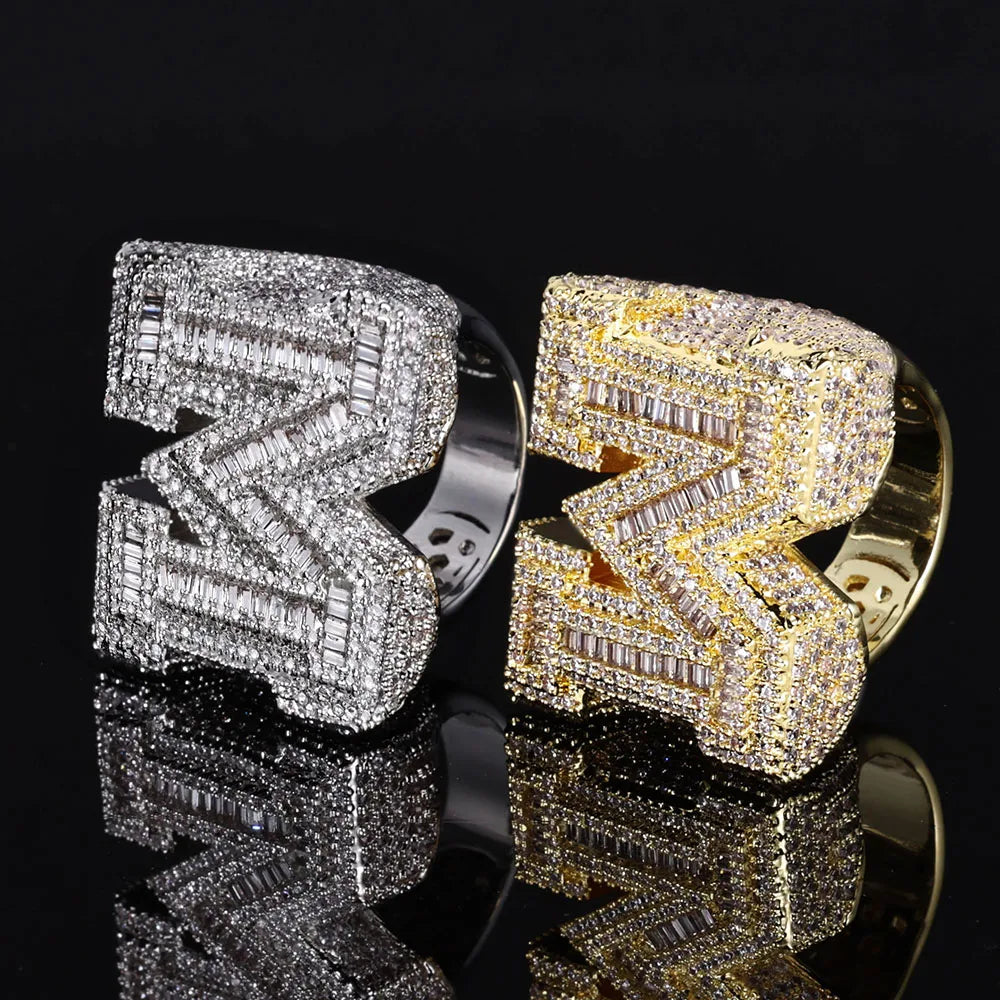 Iced Out M Letter Ring Stainless Steel Statement