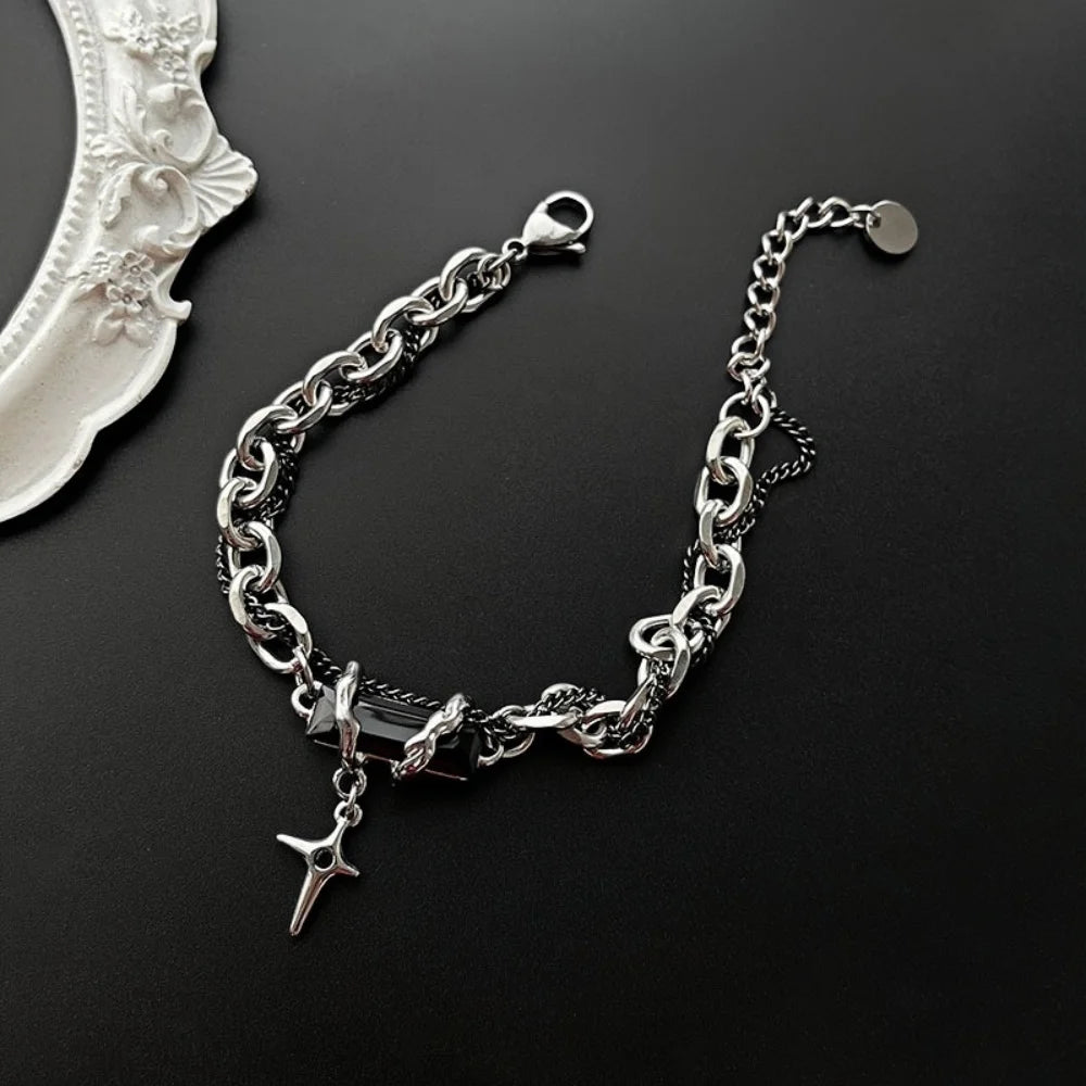 Hip Hop Black Crystal Bracelet Simple Cuban Chain Silver Color Stainless Steel Men Bracelet Retro Jewelry Trendy
