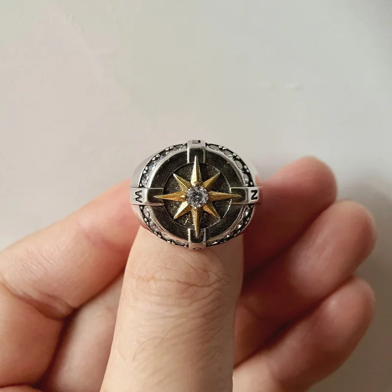 Eight Pointed Star Compass Ring — Adjustable Open, CZ Accent